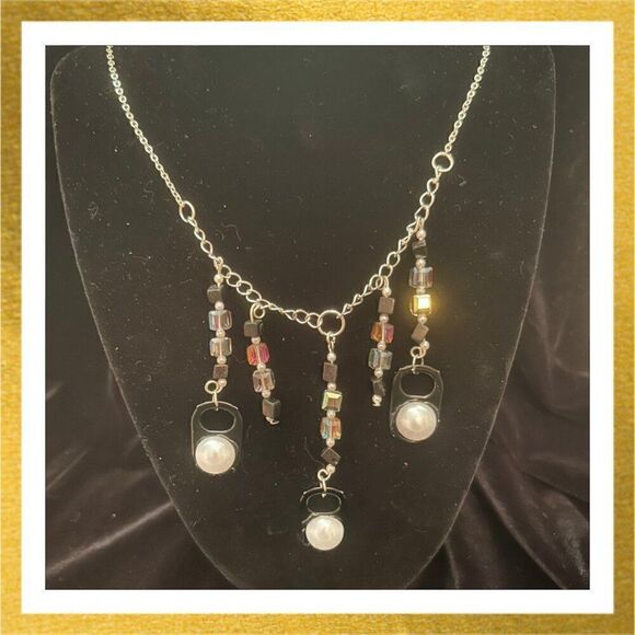 Upcycled HAND CRAFTED Pearl CAN TAB Cascading NECKLACE Beaded - Picture 1 of 1